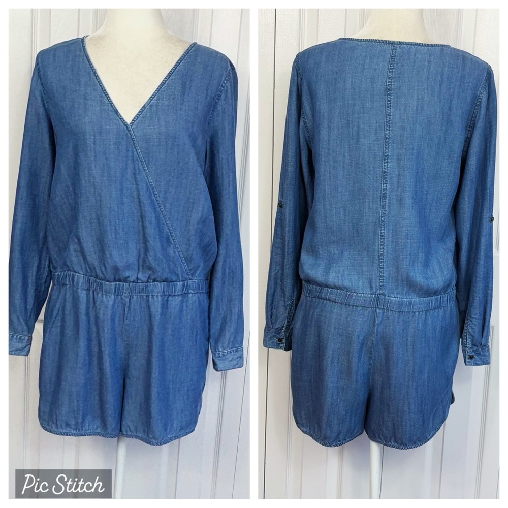 Ann Taylor LOFT Blue Denim Chambray Long Sleeve Romper Jumpsuit 6